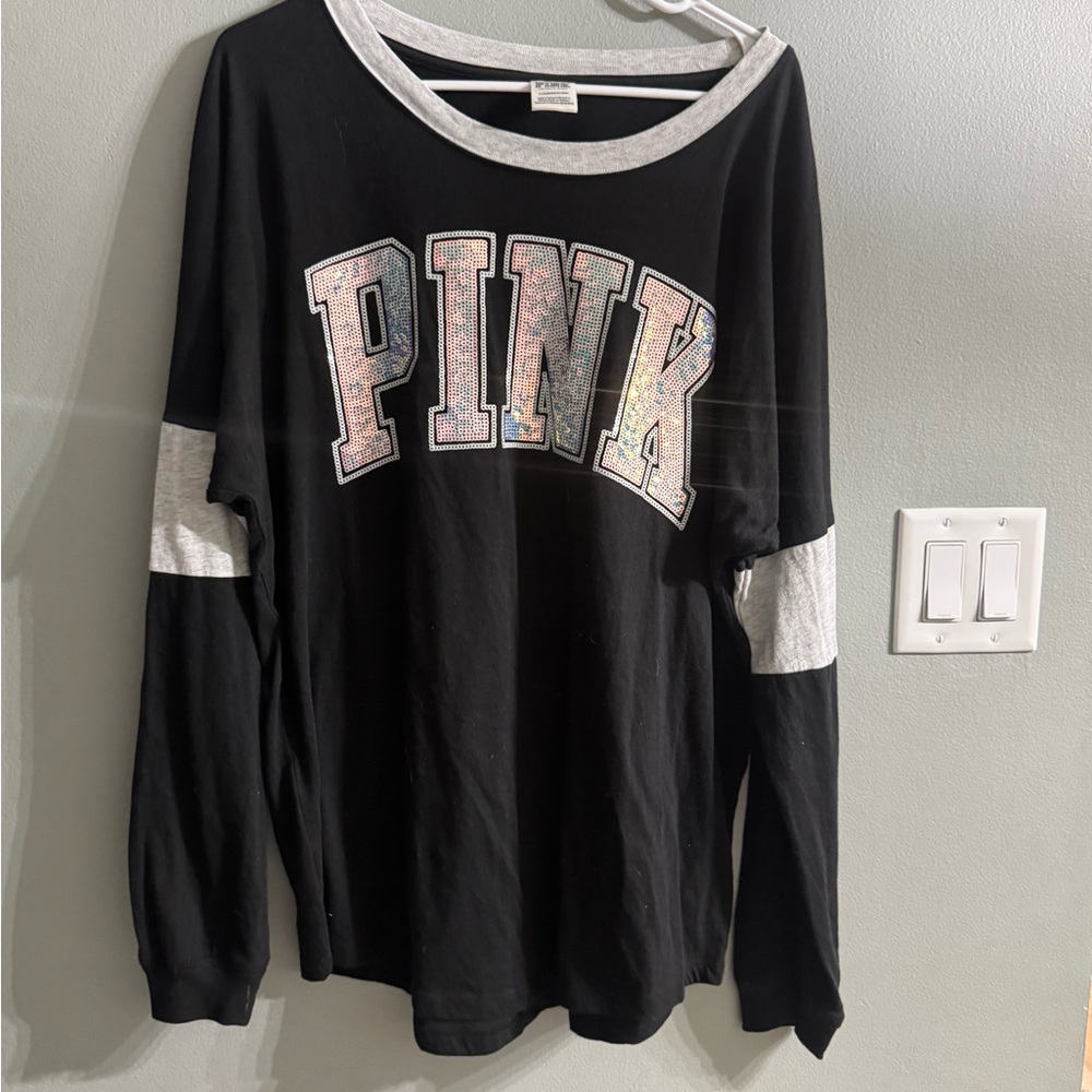 PINK Victoria's Secret Black and Gray Long Sleeve Top Bling